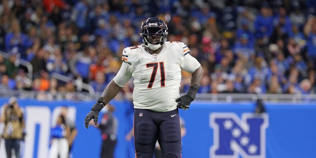 Jason Peters, #71 of the Chicago Bears, walks to the sidelines during the fourth quarter of the game against the Detroit Lions at Ford Field on November 25, 2021, in Detroit. The Bears defeated the Lions 16-14.