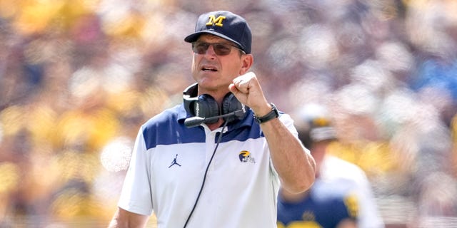 Head coach Jim Harbaugh of the Michigan Wolverines looks on during the game against the Colorado State Rams at Michigan Stadium in Ann Arbor, Michigan, on Sept. 3, 2022.