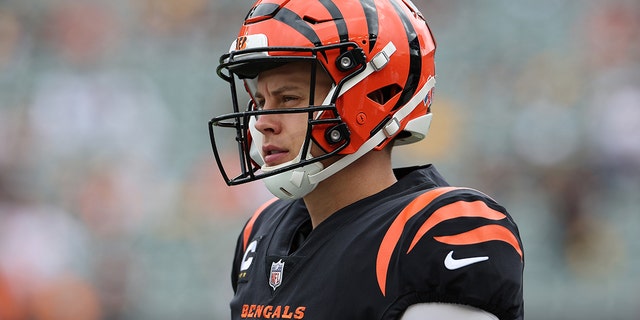 Joe Burrow #9 of the Cincinnati Bengals looks on during the game against the Pittsburgh Steelers d1q at Paul Brown Stadium on September 11, 2022 in Cincinnati, Ohio.