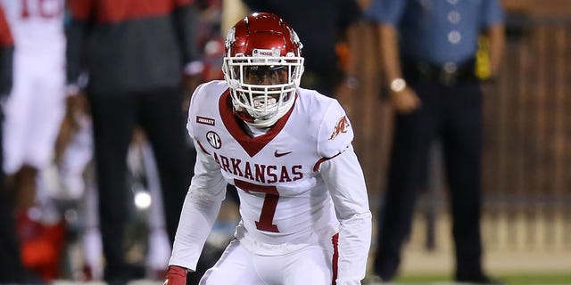 Joe Foucha #7 of the Arkansas Razorbacks in action against the Mississippi State Bulldogs during a game at Davis Wade Stadium on October 03, 2020 in Starkville, Mississippi.