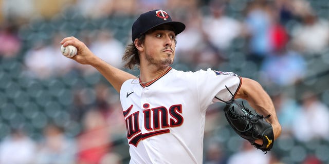 Joe Ryan #41 of the Minnesota Twins delivers a pitch against the Cleveland Guardians in the first inning at Target Field on June 21, 2022 in Minneapolis, Minnesota.