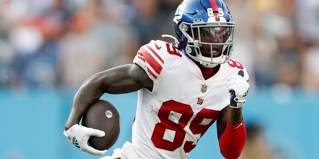 Wide receiver Kadarius Toney, #89 of the New York Giants, runs upfield during the second half against the Tennessee Titans at Nissan Stadium on Sept. 11, 2022 in Nashville, Tennessee.