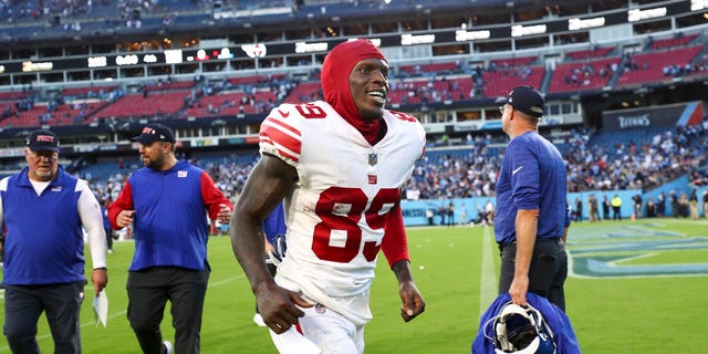 Kadarius Toney, #89 of the New York Giants, smiles after beating the Tennessee Titans in an NFL football game at Nissan Stadium on Sept. 11, 2022 in Nashville, Tennessee. 