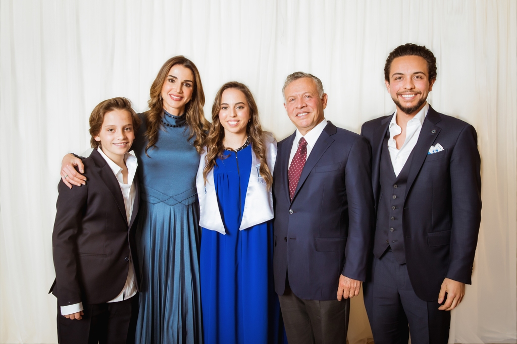 The Jordanian royal family, minus Princess Iman, in 2018: (l-r) Prince Hashem, Queen Rania, Princess Salma, King Abdullah and Crown Prince Hussein.