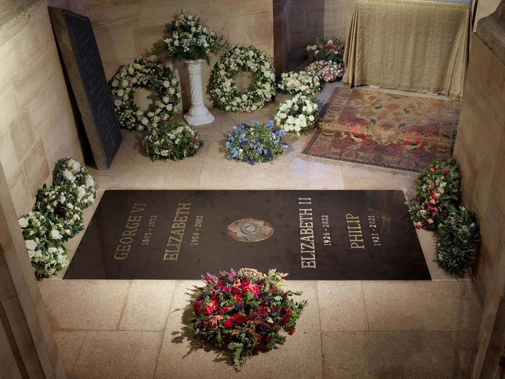 The Queen is buried alongside her husband and her parents, with visitors able to see a new ledger stone which marks her tomb. 