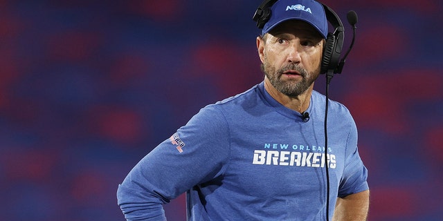 Head coach Larry Fedora of the New Orleans Breakers looks on in the second quarter of the game against the Michigan Panthers at Protective Stadium on May 28, 2022, in Birmingham, Alabama.