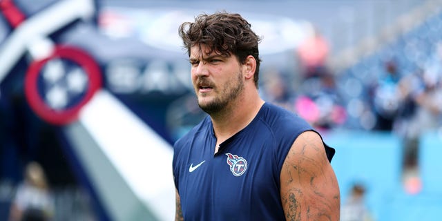 Taylor Lewan of the Tennessee Titans looks on prior to the game against the New York Giants at Nissan Stadium in Nashville on Sept. 11, 2022.