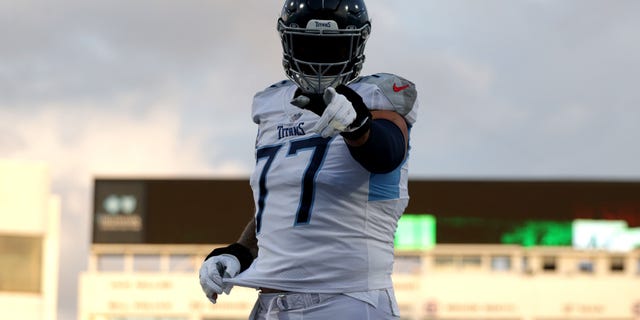 Taylor Lewan of the Tennessee Titans is shown prior to the game against the Buffalo Bills at Highmark Stadium in Orchard Park, New York, on Sept. 19, 2022.