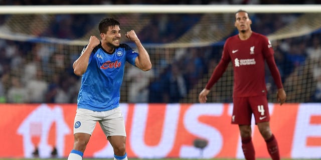 Giovanni Simeone of SSC Napoli celebrates after scoring a goal during a UEFA Champions League Group A match against Liverpool FC at Stadio Diego Armando Maradona Sept. 7, 2022, in Naples, Italy. 