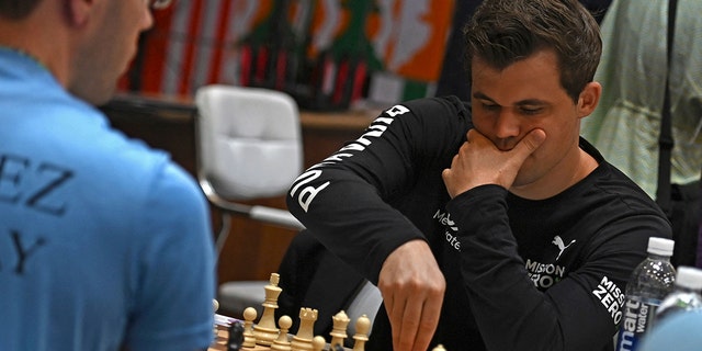 Norway's Magnus Carlsen competes against Uruguay's team during the second round of the 44th Chess Olympiad in Mahabalipuram, India, on July 30, 2022.