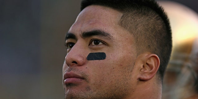 Manti Te'o of the Notre Dame Fighting Irish keeps an eye on the game against the BYU Cougars at Notre Dame Stadium Oct. 20, 2012, in South Bend, Ind.