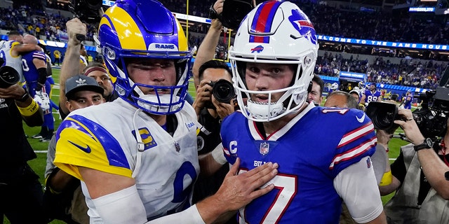 Los Angeles Rams quarterback Matthew Stafford (9) and Buffalo Bills quarterback Josh Allen (17) meet at mid-field after an NFL football game Thursday, Sept. 8, 2022, in Inglewood, Calif.