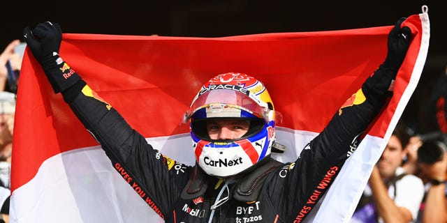 The Netherlands' Max Verstappen of Oracle Red Bull Racing celebrates during the F1 Grand Prix of The Netherlands at Circuit Zandvoort on Sept. 4, 2022.