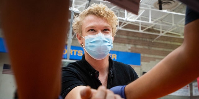 Nathan Brookes, of Agoura, gets his second shot of monkeypox vaccine at the Balboa Sports Complex vaccine site in Encino on Thursday, Sept. 8, 2022. 