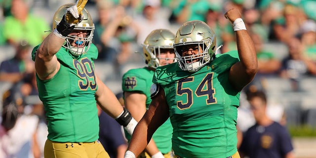 Jacob Lacey #54 of the Notre Dame Fighting Irish celebrates a sack against the California Golden Bears during the second half at Notre Dame Stadium on September 17, 2022 in South Bend, Indiana.