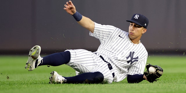 New York Yankees right fielder Oswaldo Cabrera makes a catch on a fly ball hit by Minnesota Twins' Gio Urshela during the 11th inning of the first baseball game of a doubleheader Wednesday, Sept. 7, 2022, in New York.