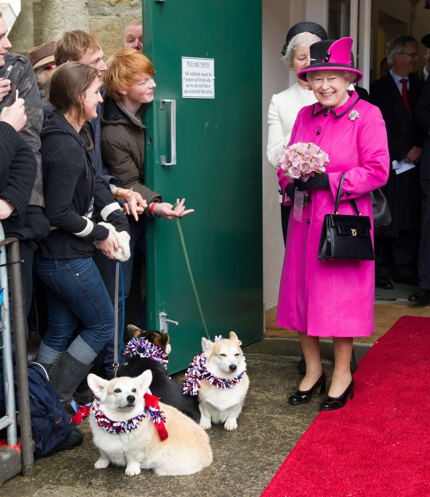 Queen Elizabeth II wearing purple and holding flowers with two people in front of her holding two of her corgis on leashes.