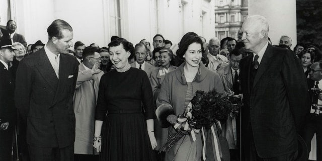 Queen Elizabeth and Prince Philip meet with President Dwight Eisenhower and  First Lady Mamie Eisenhower at the White House (National Archives and Records Administration)