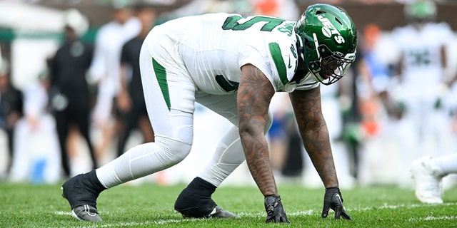 Quinnen Williams of the New York Jets waits for the snap during the second half against the Cleveland Browns at FirstEnergy Stadium in Cleveland, Ohio, on Sept. 18, 2022.