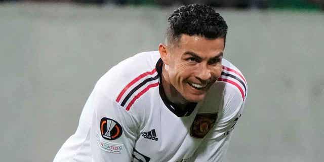 Manchester United's Cristiano Ronaldo smiles during the Europa League, group E soccer match between Sheriff Tiraspol and Manchester United at the Zimbru stadium, in Chisinau, Moldova, Thursday, Sept. 15, 2022.