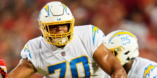 Rashawn Slater of the Los Angeles Chargers is shown during the game against the Kansas City Chiefs at GEHA Field at Arrowhead Stadium on Sept. 15, 2022, in Kansas City.