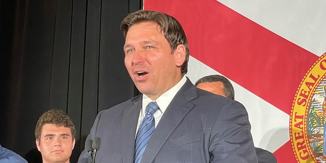 Gov. Ron DeSantis addresses crowd at Florida GOP primary night event in Hialeah, Florida.