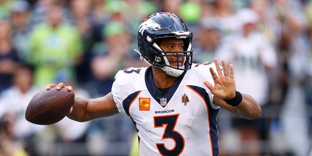 Russell Wilson #3 of the Denver Broncos passes during the first quarter against the Seattle Seahawks at Lumen Field on September 12, 2022, in Seattle, Washington.