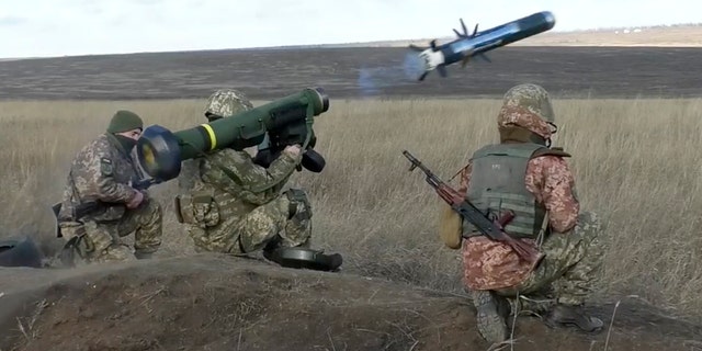 Ukrainian soldiers fire a U.S. Javelin missile during military exercises in the Donetsk region on Jan. 12, 2022.