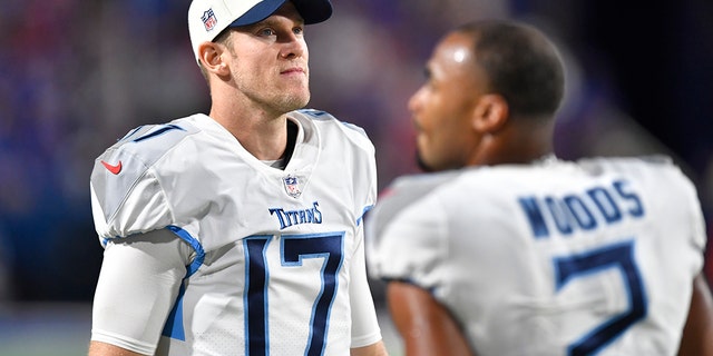 Tennessee Titans quarterback Ryan Tannehill, #17, reacts during the second half of an NFL football game against the Buffalo Bills, Monday, Sept. 19, 2022, in Orchard Park, New York. 