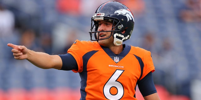 Sam Martin, #6 of the Denver Broncos, reacts during warmups before the game against the Dallas Cowboys at Empower Field at Mile High on August 13, 2022, in Denver.