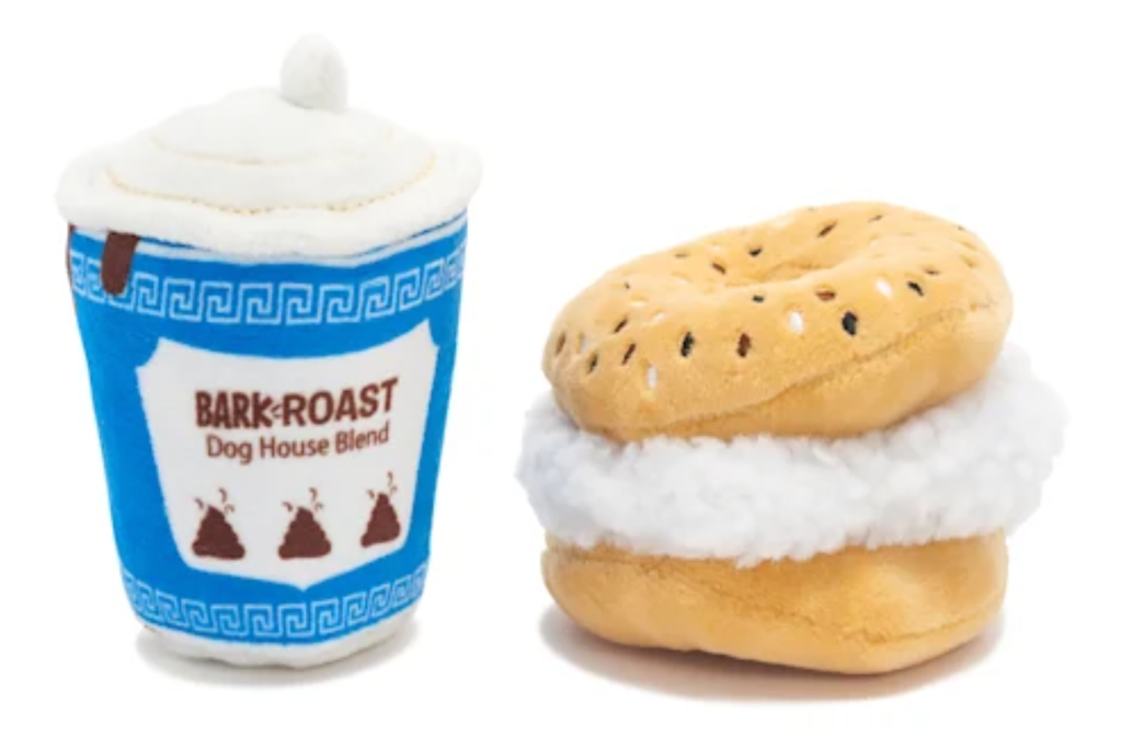 Dog toys shaped like a coffee cup and a bagel