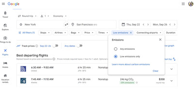 Search results in Google Flights with the option to view the results in order of low emissions