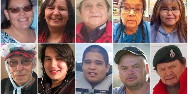 This combination of photos provided by Royal Canadian Mounted Police shows stabbing victims, from top left, Bonnie Burns, Carol Burns, Christian Head, Lydia Gloria Burns, and Lana Head. From bottom left, Wesley Petterson, Thomas Burns, Gregory Burns, Robert Sanderson, and Earl Burns.