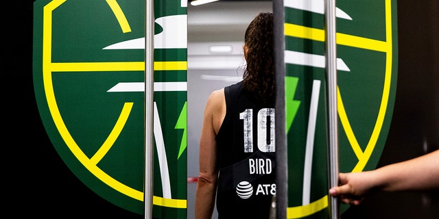 Seattle Storm guard Sue Bird, #10, walks into the locker room after playing her final game, a Storm loss to the Las Vegas Aces in a WNBA basketball playoff semifinal, Tuesday, Sept. 6, 2022, in Seattle.