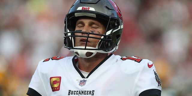 Tampa Bay Buccaneers Quarterback Tom Brady, #12, reacts to the results of a play during the regular season game between the Green Bay Packers and the Tampa Bay Buccaneers on Sept. 25, 2022 at Raymond James Stadium in Tampa, Florida.