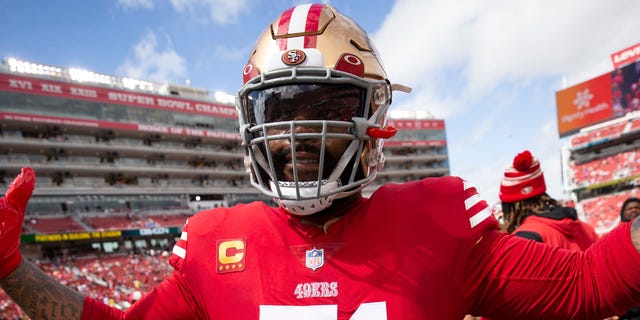 Trent Williams of the San Francisco 49ers on the field before the game against the Seattle Seahawks at Levi's Stadium on Sept. 18, 2022, in Santa Clara, California.