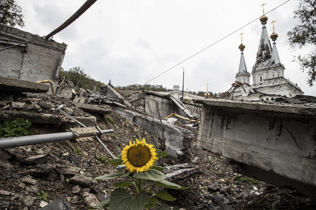 A view of damaged Svyatogirsk Monastery after the attacks in Svyatogirsk district of Donetsk Oblast on Wednesday. 