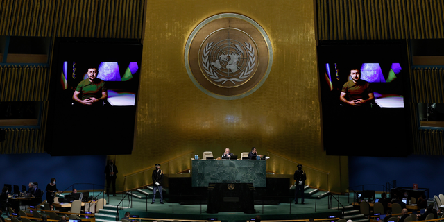 Delegates listen to a pre-recorded speech by Ukrainian President Volodymyr Zelensky during the 77th session of the United Nations General Assembly (UNGA) at U.N. headquarters on September 21, 2022, in New York City. After two years of holding the session virtually or in a hybrid format, 157 heads of state and representatives of government are expected to attend the General Assembly in person.