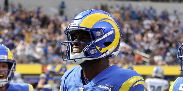 Van Jefferson of the Los Angeles Rams celebrates a touchdown during the first half of the game against the Detroit Lions at SoFi Stadium in Inglewood, California, on Oct. 24, 2021.