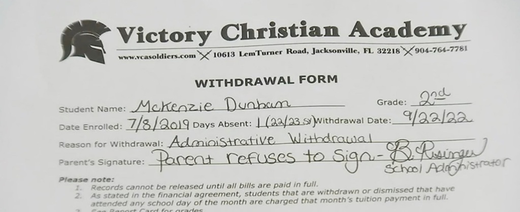 A picture of the student withdrawal that Victory Christian Academy made for the 8-year-old girl.