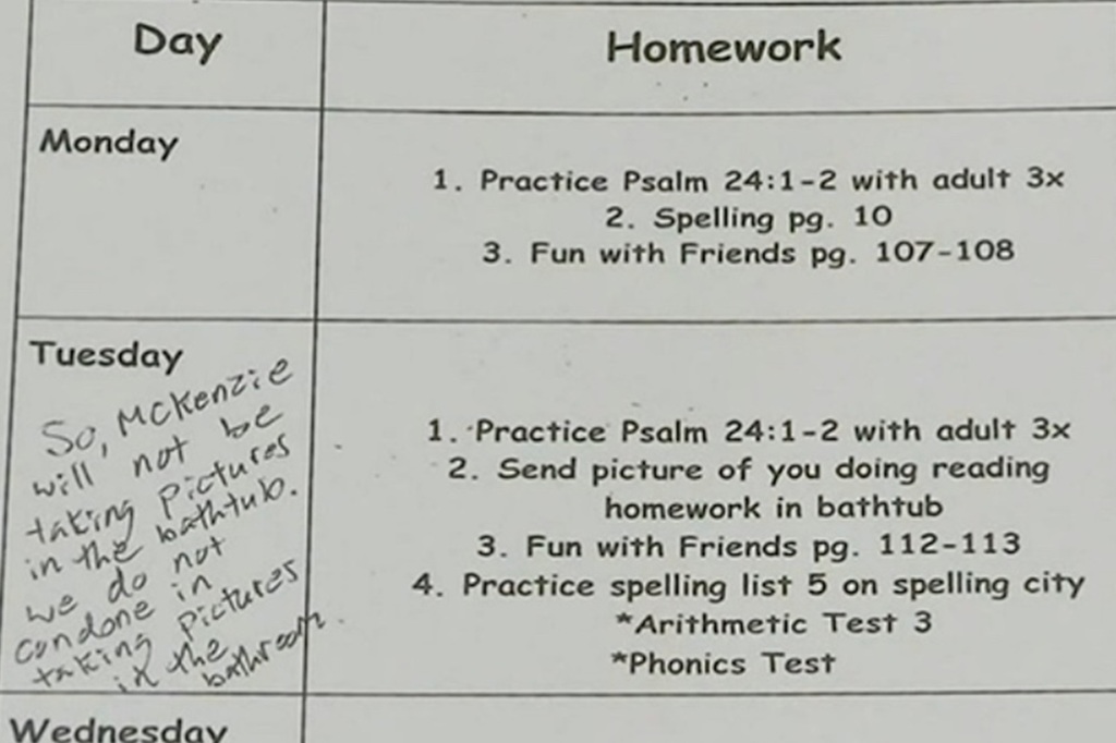 A picture of a homework assignment from Victory Christian Academy given to a second grader.