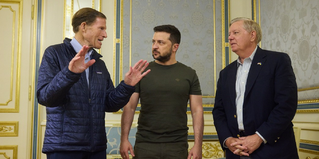 Ukrainian President Volodymyr Zelenskyy, center, meets with Sen. Richard Blumenthal, D-Conn., and Lindsey Graham, R-S.C., in Kyiv, Ukraine