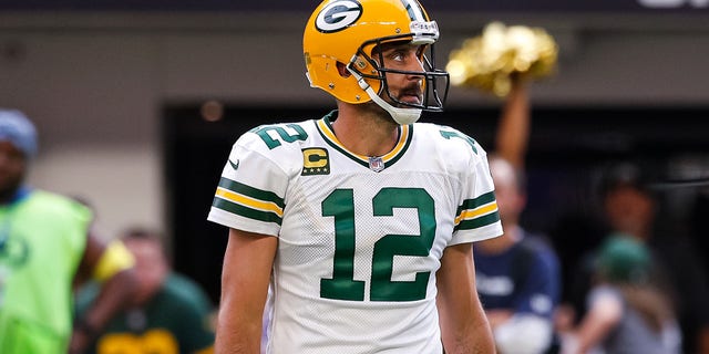 Aaron Rodgers of the Green Bay Packers on the field against the Minnesota Vikings in the second quarter of a game at U.S. Bank Stadium Sept. 11, 2022, in Minneapolis. The Vikings defeated the Packers 23-7.