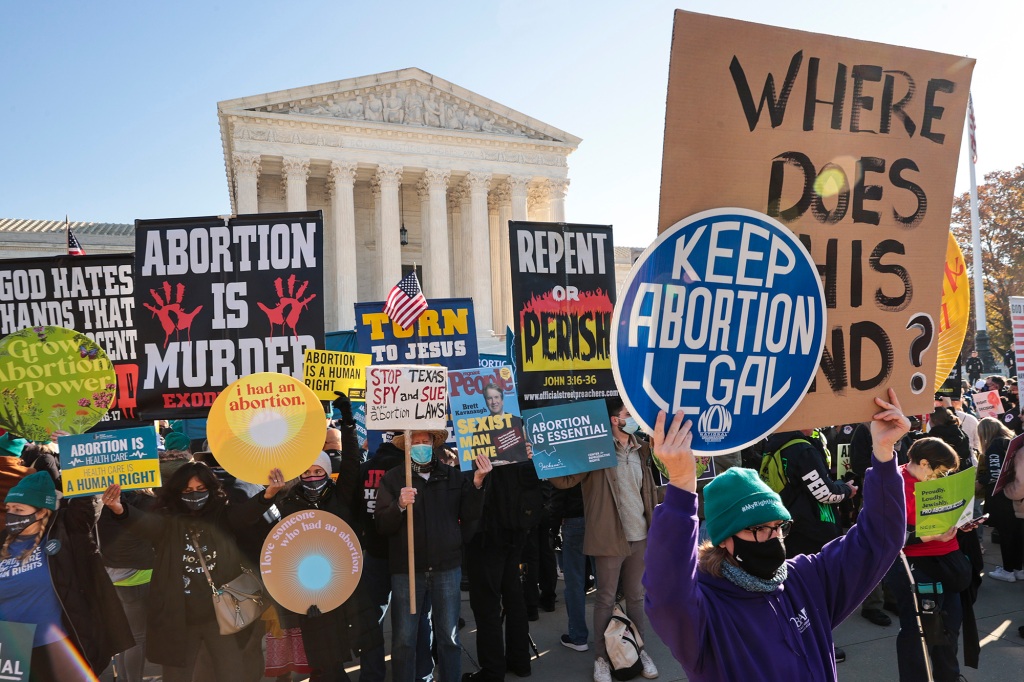 Pro-choice demonstrators gather in front of the US Supreme Court on December 1, 2021.