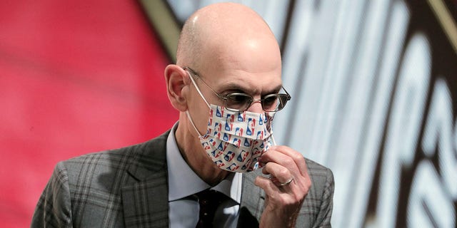 Close-up of NBA Commissioner Adam Silver wearing a mask before the Los Angeles Lakers play the Miami Heat at AdventHealth Arena.