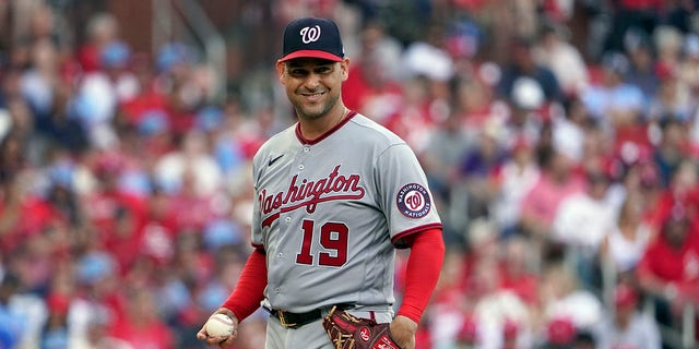 Washington Nationals starting pitcher Anibal Sanchez looks over at first base after giving up a single to St. Louis Cardinals' Yadier Molina during the fifth inning of a baseball game Monday, Sept. 5, 2022, in St. Louis.