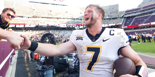 Chase Brice #7 of the Appalachian State Mountaineers celebrates defeating the Texas A&amp;amp;M Aggies 17-14 ]at Kyle Field on September 10, 2022 in College Station, Texas.