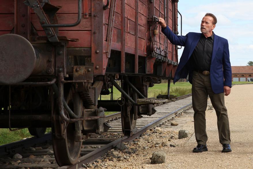 Schwarzenegger visits former Nazi German concentration camp Auschwitz-Birkenau, near Oświęcim, Poland, Sept, 28, 2022.