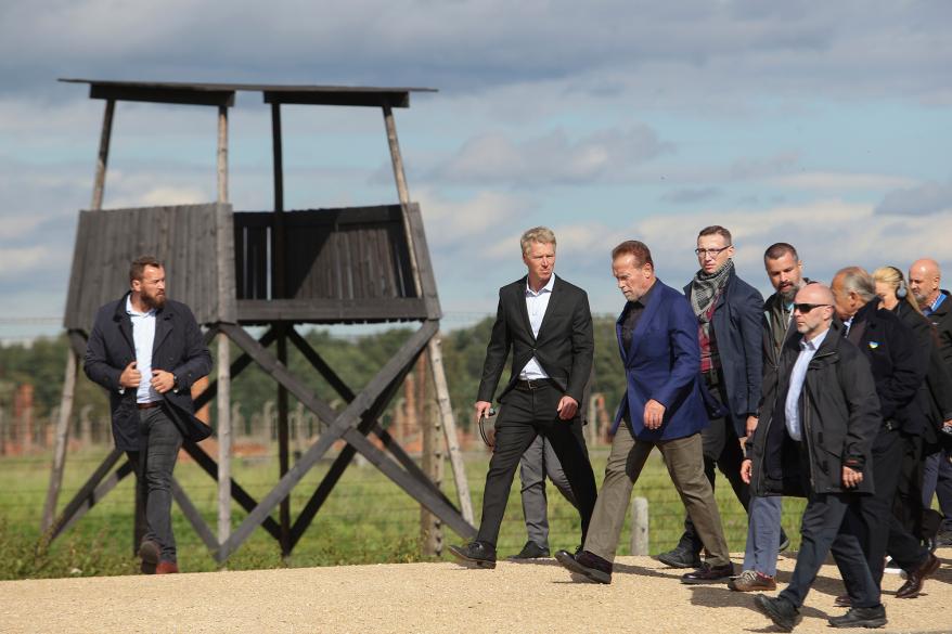 Schwarzenegger visits former Nazi German concentration camp Auschwitz-Birkenau, near Oświęcim, Poland, Sept, 28, 2022.