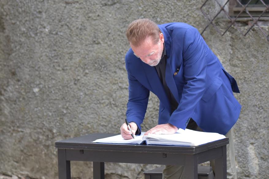 The actor and former California governor Arnold Schwarzenegger visits former Nazi German Auschwitz-Birkenau death camp in Oswiecim,